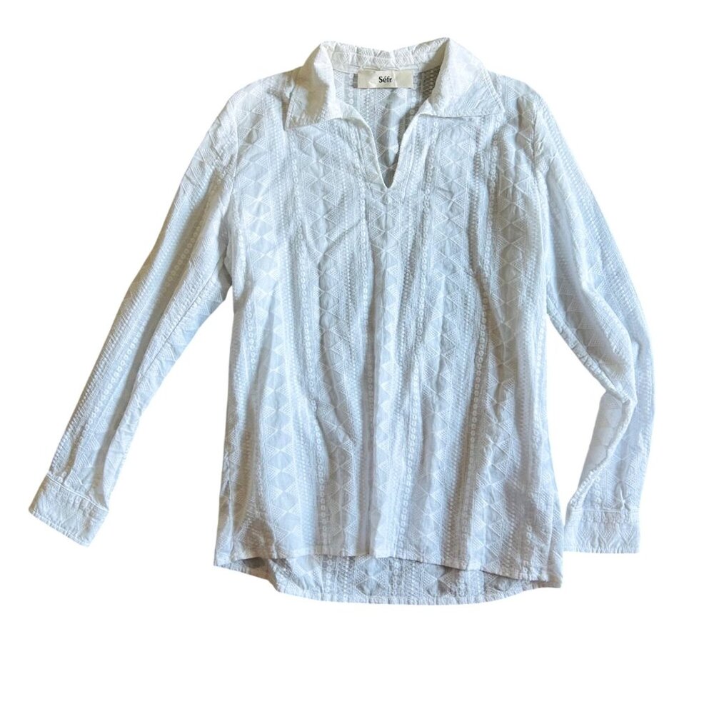 Séfr Men's Size Small White Textured geometric 100% Cotton Long Sleeve Shirt